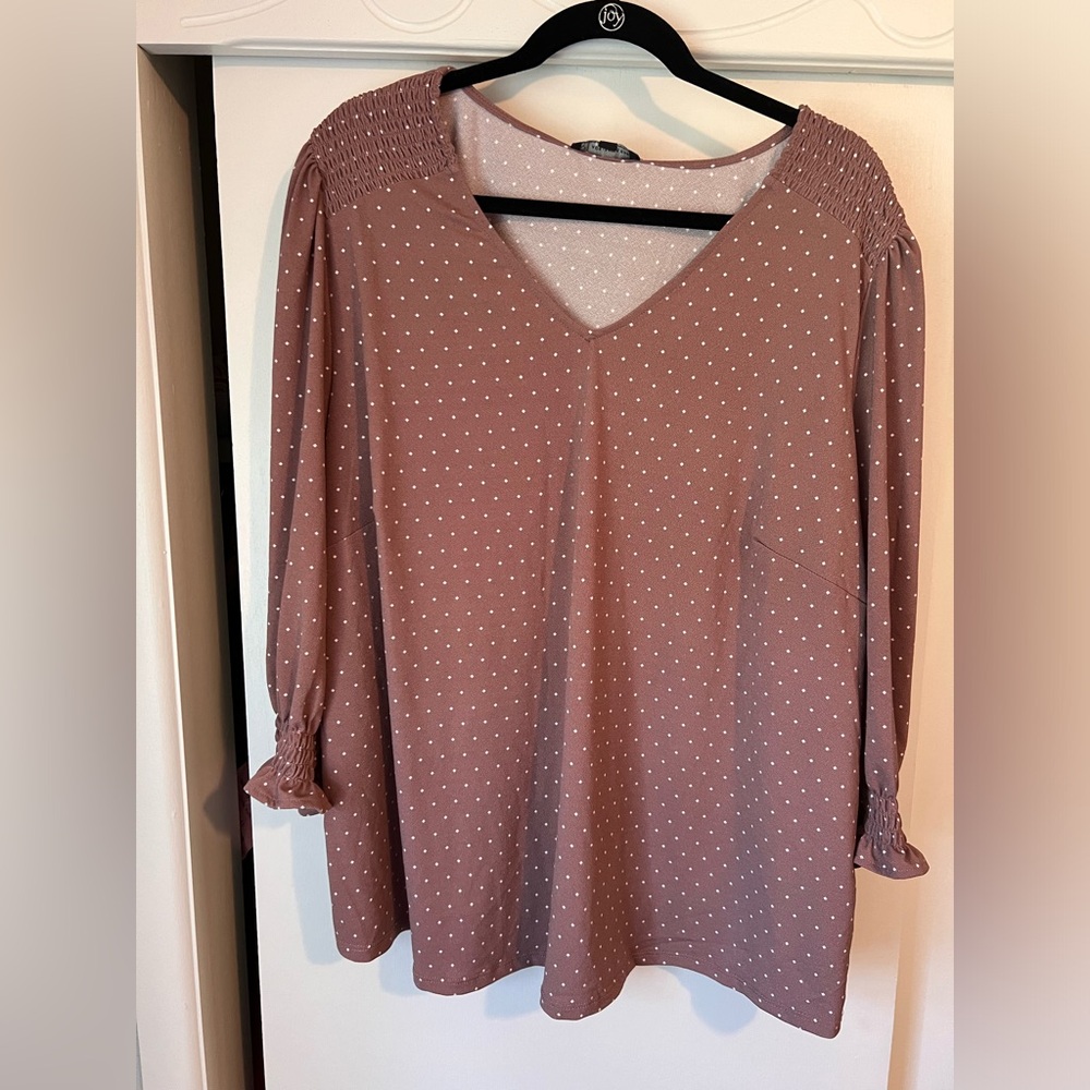 3/4 smocked sleeve mauve print plus size 3x  blouse